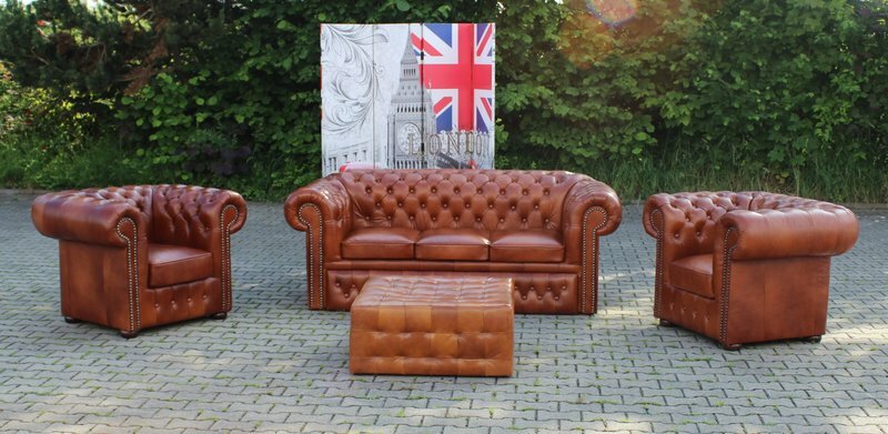 Sofagarnitur Chesterfield Sofa Couch Polster Vollleder 3+1+1 Sitzer