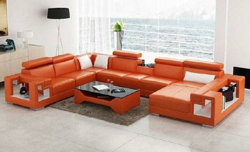 Wohnlandschaft Polster Ecke Orange Eck Sofa Couch Garnitur Landschaft Leder