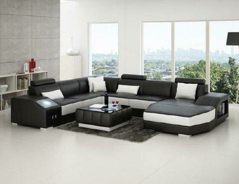 Wohnlandschaft Polster Eck Sofa Couch Schwarz Weiß Garnitur Landschaft Leder