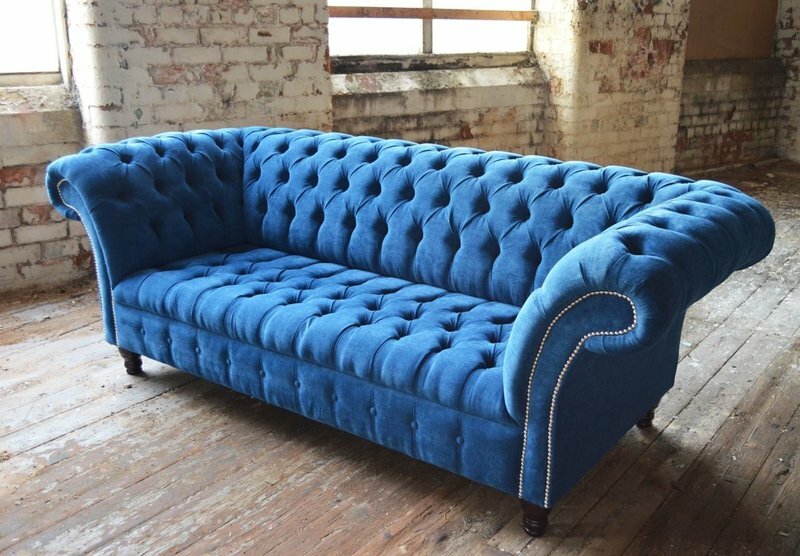 Chesterfield 3 Sitzer Blau XXL Polster Sitz Sofa Velvet Garnitur Big Couchen