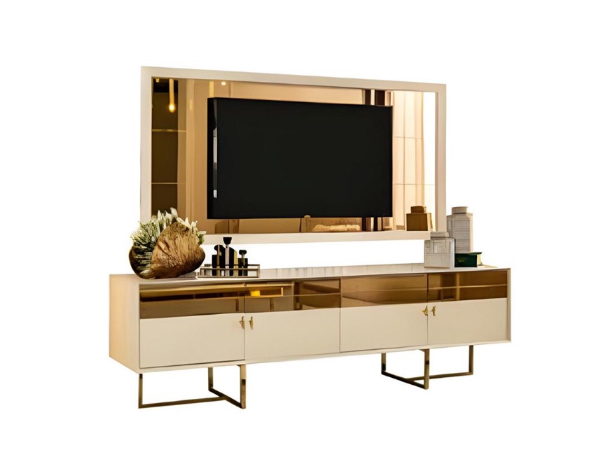 Goldene Wohnzimmer Garnitur Stilvolles Sideboard Moderne TV-Rahme 2tlg