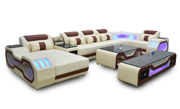 Wohnzimmer set Ecksofa U-Form beige Couchtisch TV Ständer Polster Beleuchtet