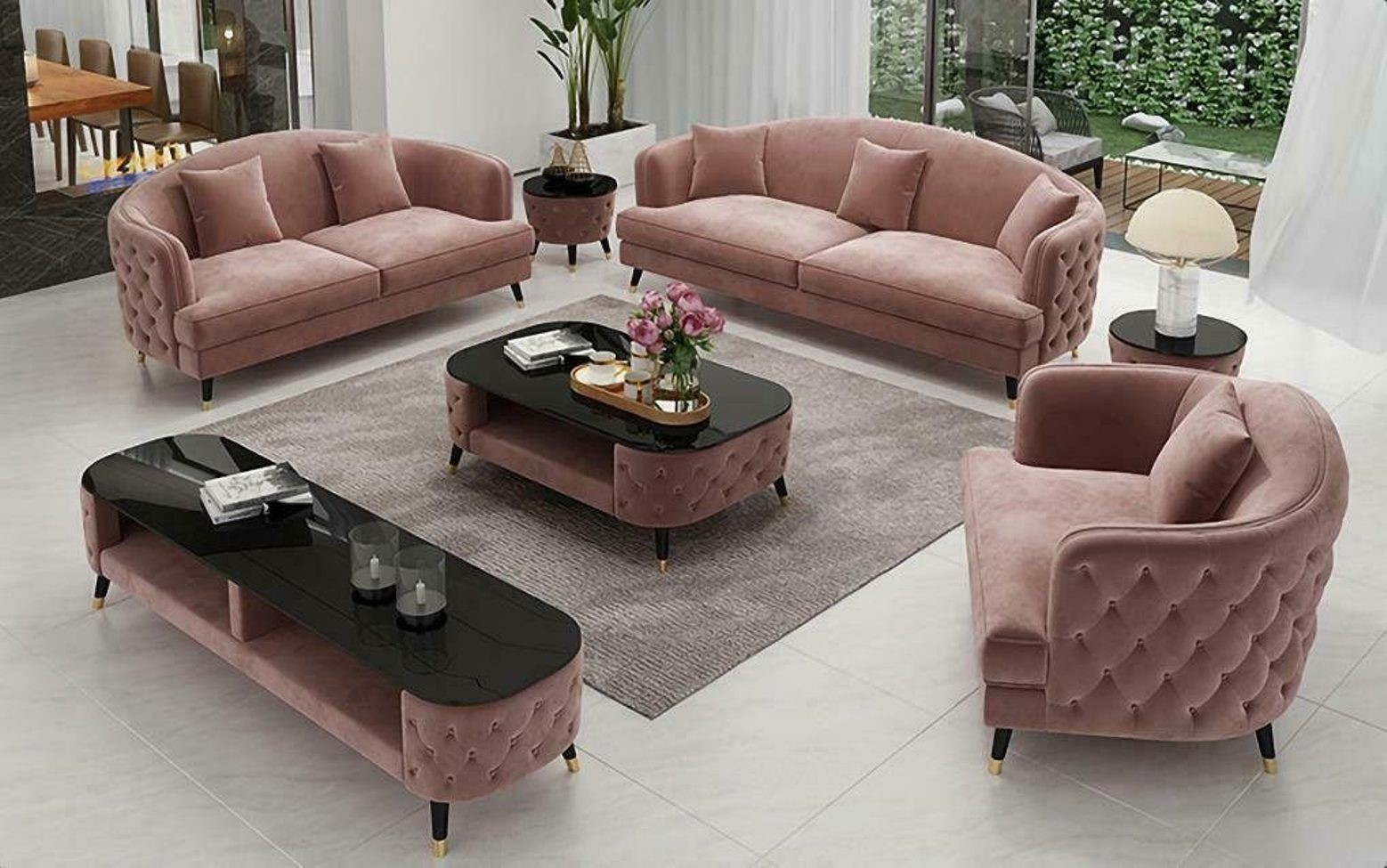 Sofa Moderne Rosa Chesterfield Sofagarnitur Modern Set 3+2+1 3tlg Sofort