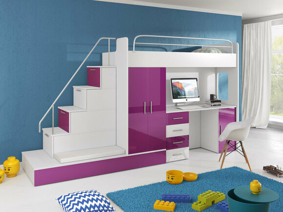 DOPPELSTOCKBETT VIOLETT STOCKBETT BETT KINDERZIMMER ETAGENBETT MIT SCHREIBTISCH