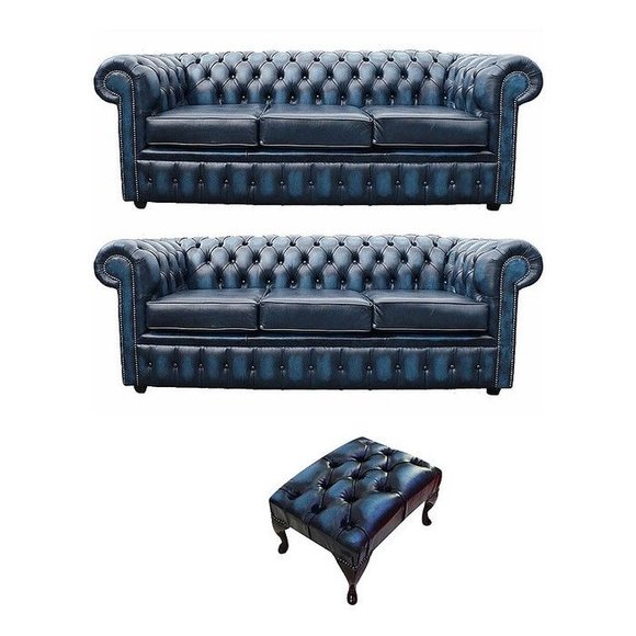 Klassische Leder Textil Sofa Couch Polster Garnitur Chesterfield 3+3