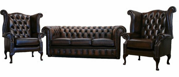 3 tlg. Sofagarnitur 3 Sitzer Couch Ledersofa Chesterfiield