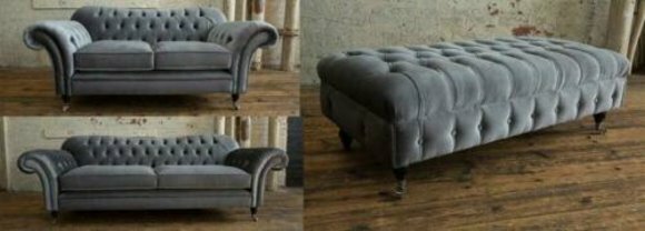 3+2 + Hocker Chesterfield Textil Stoff Sofagarnitur Polster Couchen Sofas Design