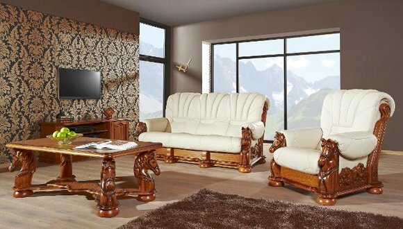 Klassische Sofagarnitur Couch Polster Sitz Garnitur Sofa Leder Holz 3+1+1 Set