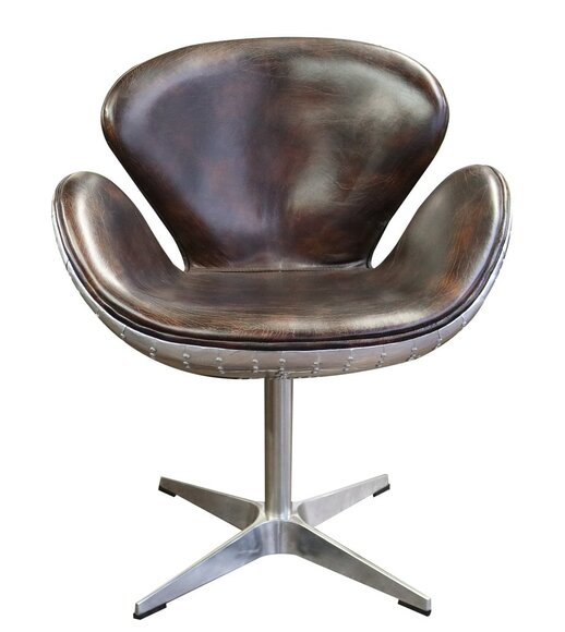 Ohrensessel Eggchair Leder Braun Metall Egg Chair Flieger Club Sessel silber