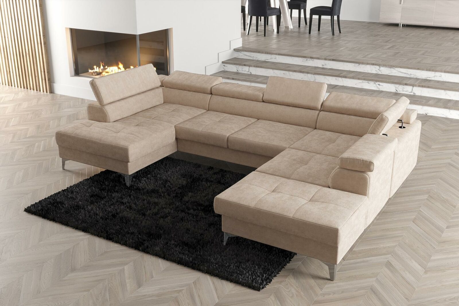 Modernes Design Polsterung Couch Wohnzimmer Ecksofa U-Form Leder Holz Neu