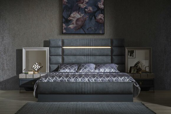 Schlafzimmer Doppelbett Grau Garnitur Set 4tlg Modern Bett Nachttische