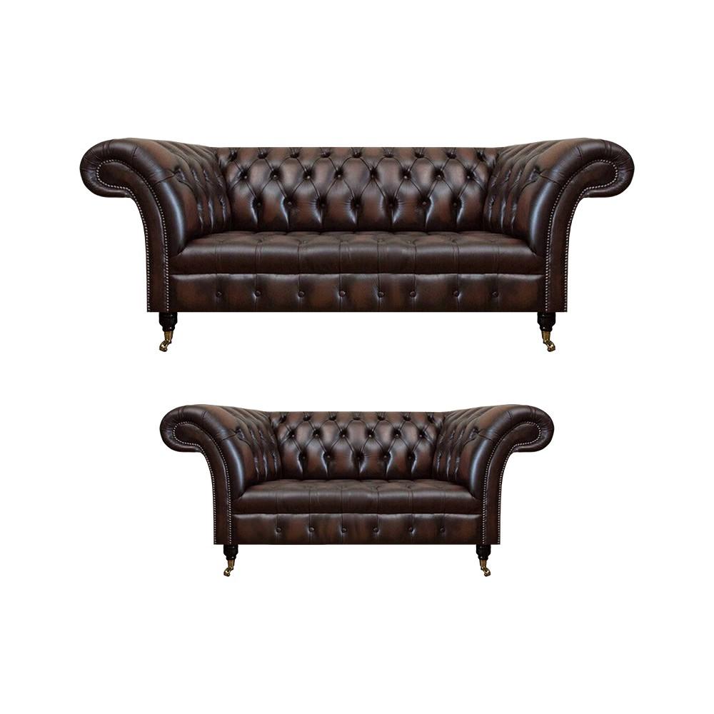 Chesterfield Braun Sofa Set Dreisitzer Sofa Couch Zweisitzer Wohnzimmer Neu