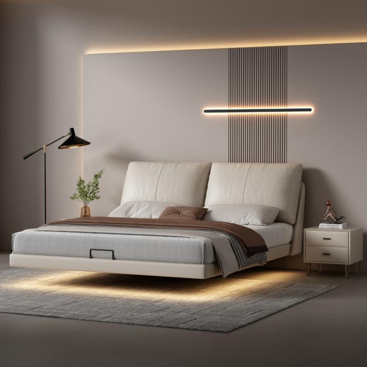 Weißes Schlafzimmer Wandbett Designer Leder Doppelbetten Holzgestell