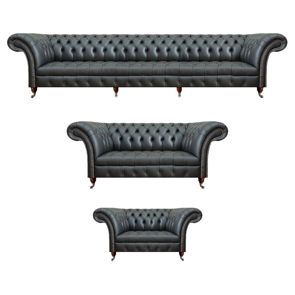 Wohnzimmer Set 3tlg Leder 2x Sofas Schwarz Sessel Polstermöbel Chesterfield