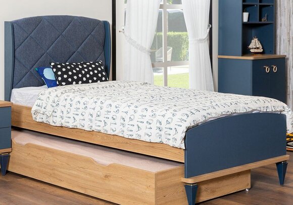 Blaues Kinderzimmer Polsterbett Designer Bettrahmen Holzgestell Möbel