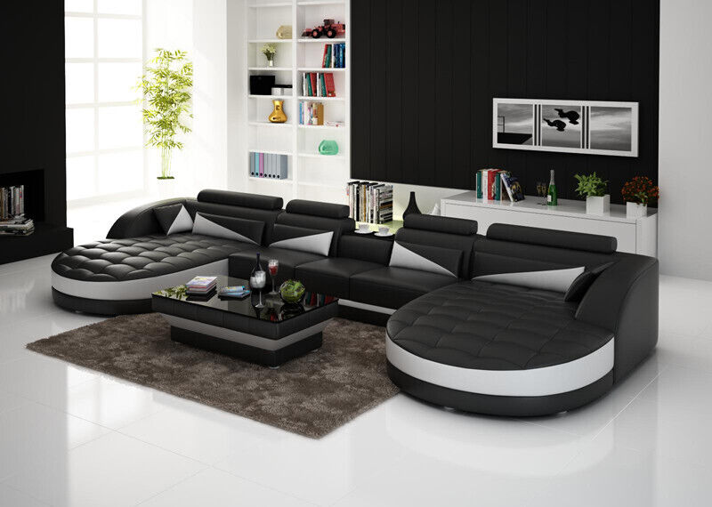 Big Ecksofa U-Form + Couchtisch Rund-Ottomane Modern Stil Polstercouch Relax