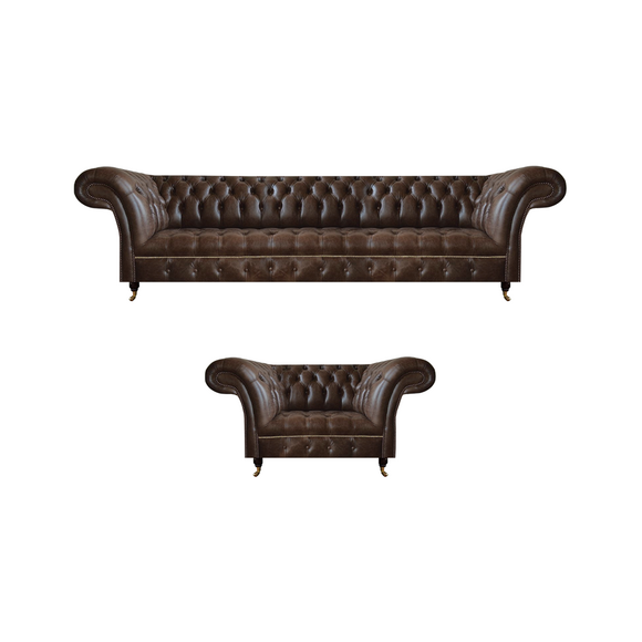 Braune Chesterfield Kunstleder Garnitur Wohnzimmer Dreisitzer 2-Sitzer