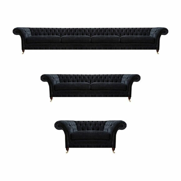 Chesterfield Schwarze Textilgarnitur Viersitzer Couch Zweisitzer Sessel