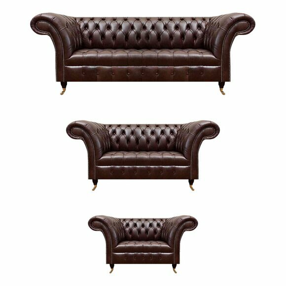 Dunkelbraune Chesterfield Couchgarnitur Ledersofas Designer Sessel 3tlg