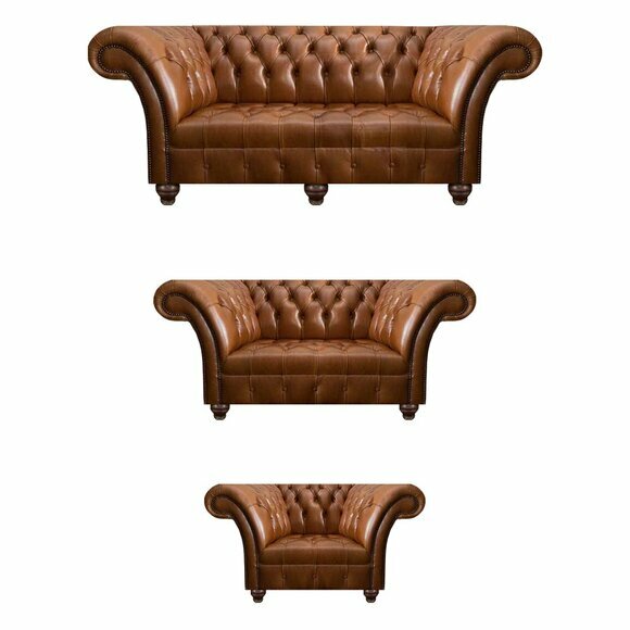 Moderne Chesterfield Ledersofas Designer Lehnsessel Zweisitzer 3tlg Set