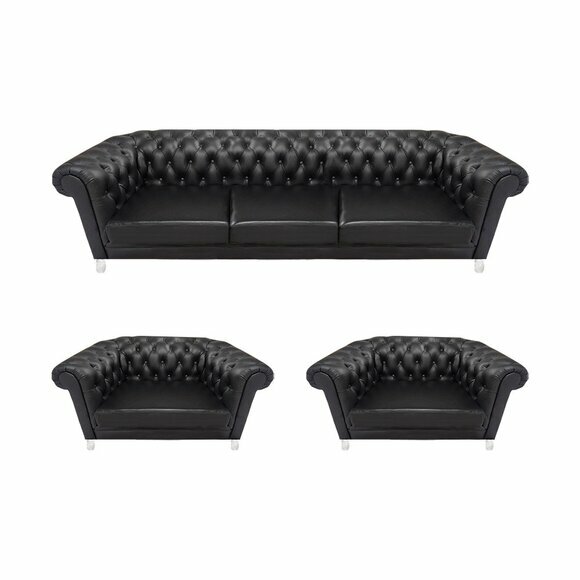 Edles Chesterfield Schwarzes Sofa Luxuriöse Ledersessel 2x Einsitzer