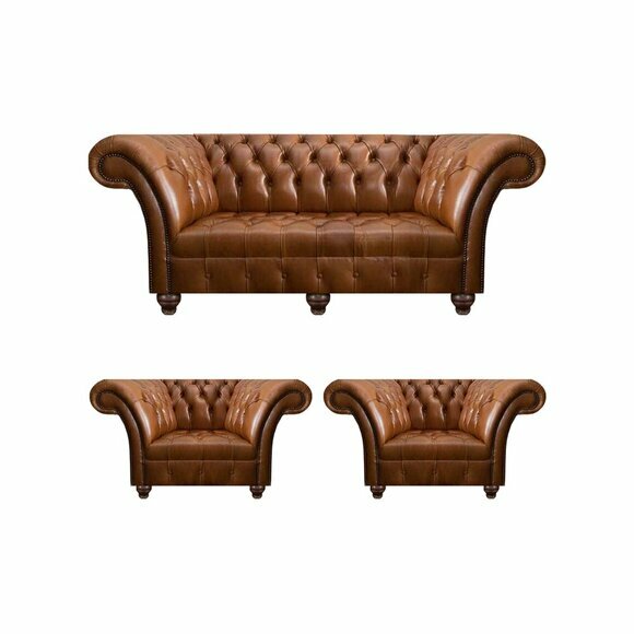 Hellbraunes Chesterfield Ledersofa Designer 2x Ledersessel Lehnsessel