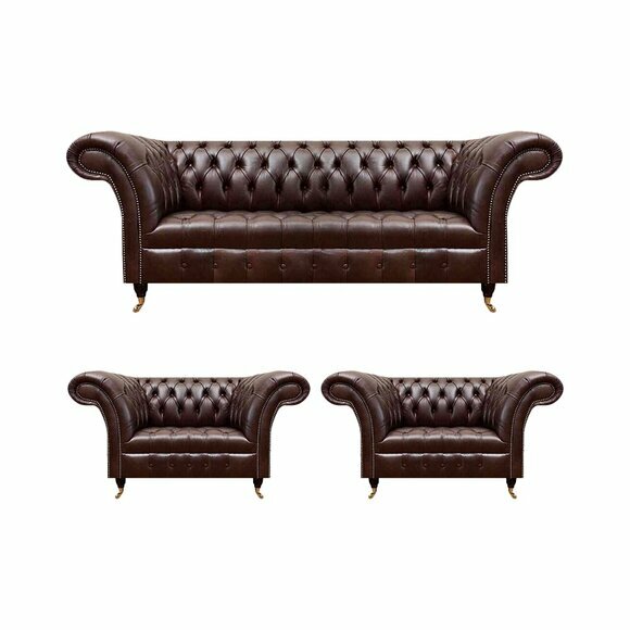 Luxus Braune Chesterfield Ledermöbel Designer Dreisitzer 2x Sessel 3tlg