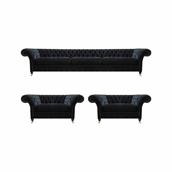 Edle Schwarze Chesterfield Wohnzimmer Sitzgarnitur Dreisitzer Sessel