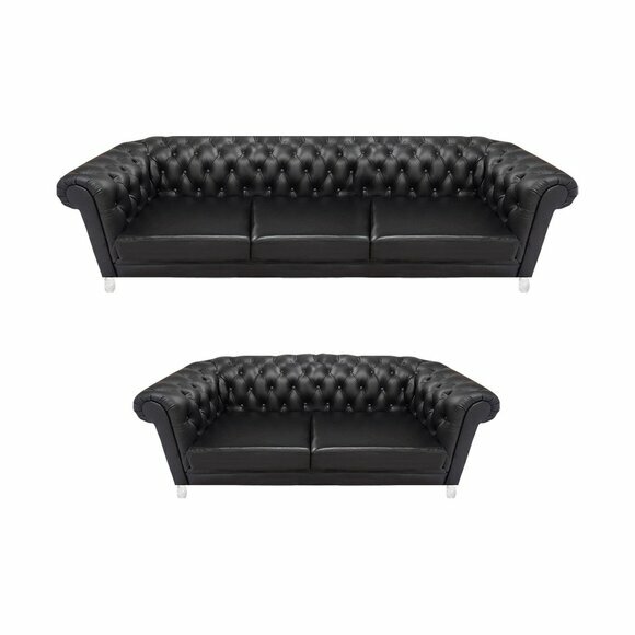 Schwarze Chesterfield Kunstleder Sofas Moderne Wohnzimmer Garnitur 2tlg