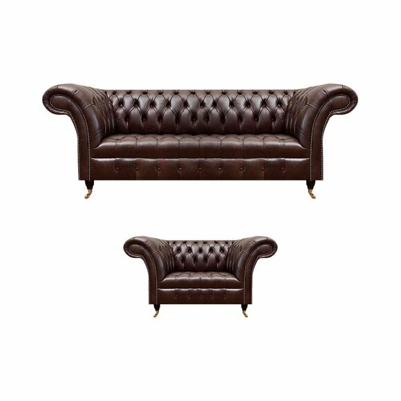 Luxuriöses Braunes Chesterfield Lederset Designer 3-Sitzer Sessel 2tlg