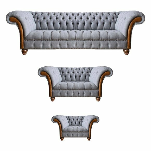 Chesterfield Hellgraue Polster Sofagarnitur Textil Designer 3tlg Set