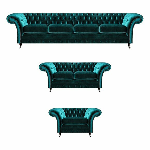 Grüne Chesterfield Textil Garnitur Wohnzimmer Designer Sofa Set 3tlg