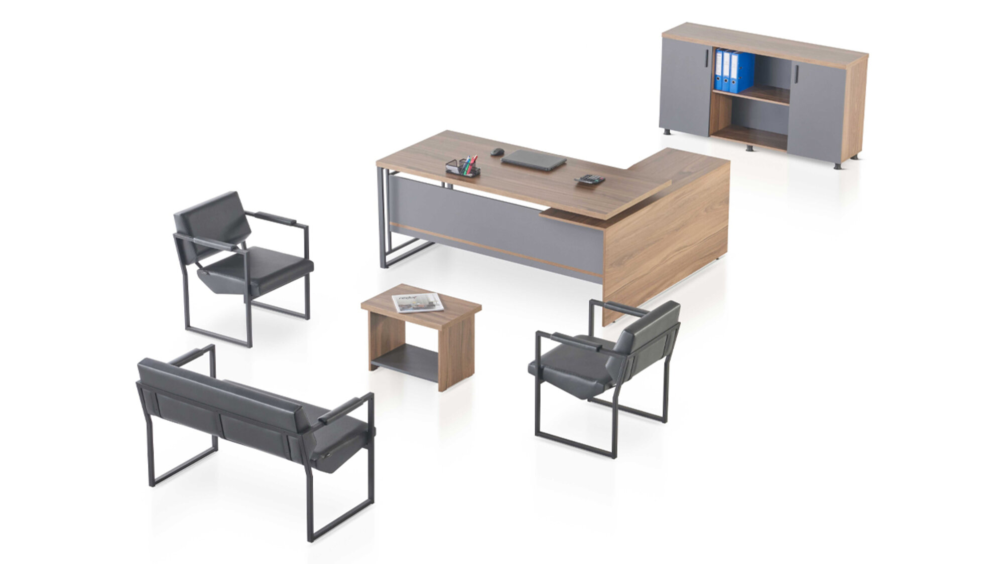 Modernes Büroset Designer Ecktisch Kommode 2-Sitzer 2x Sessel Couchtisch