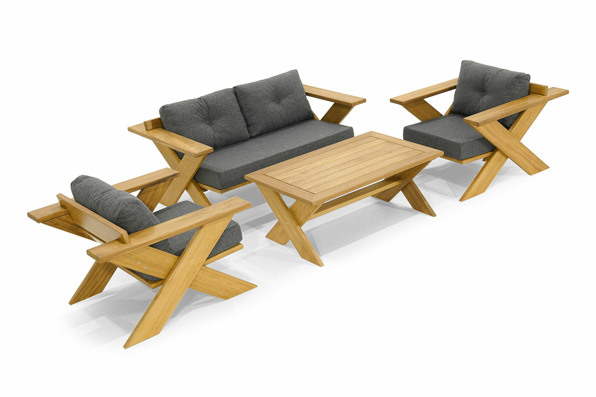 Grau-Braune Garten Möbel Holz Couchtisch Designer 2x Sessel 2-Sitzer