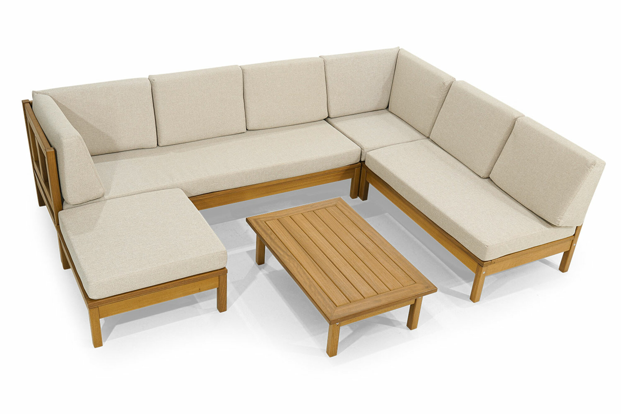 Edle Gartenmöbel Designer U-Form Ecksofa Holz Couchtisch Hocker 3tlg Set