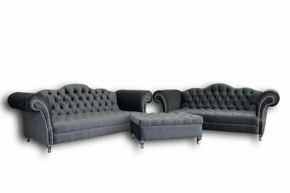 Chesterfield Designer Sofagarnitur 4+3 Hocker Couch Textil Sitz Polster