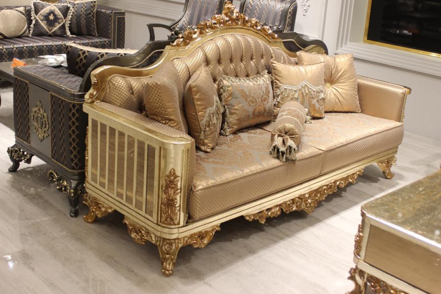 Chesterfield Sofa Set 3+1+1 Gruppe Komplett Set Sessel Sofa Gold Textil Garnitur