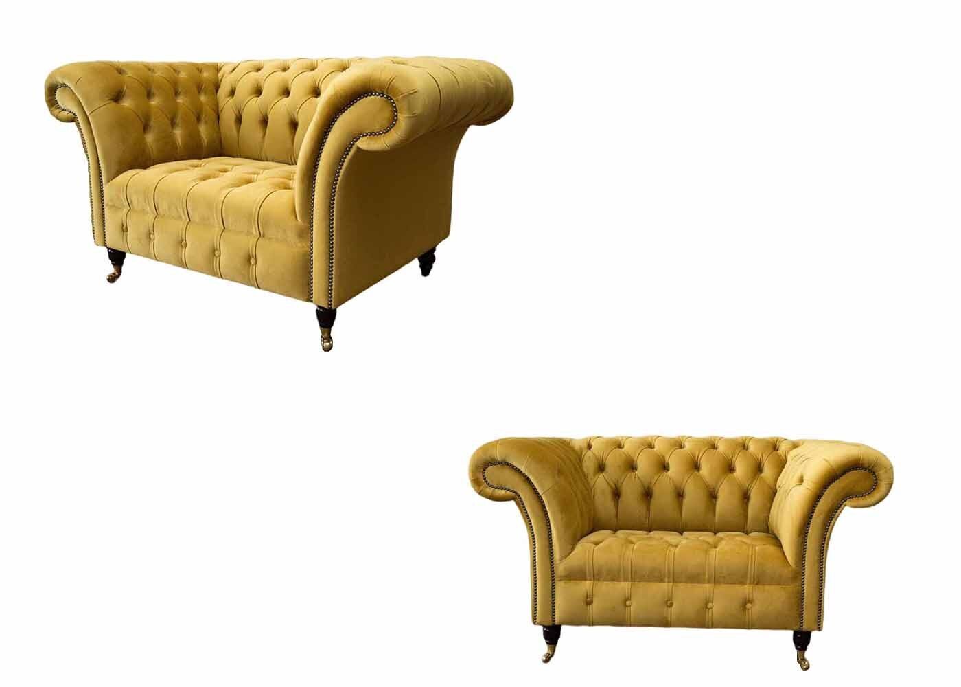 Sessel Chesterfield Möbel Set 2x Einsitzer Set Couch Sofa Gelb Textil