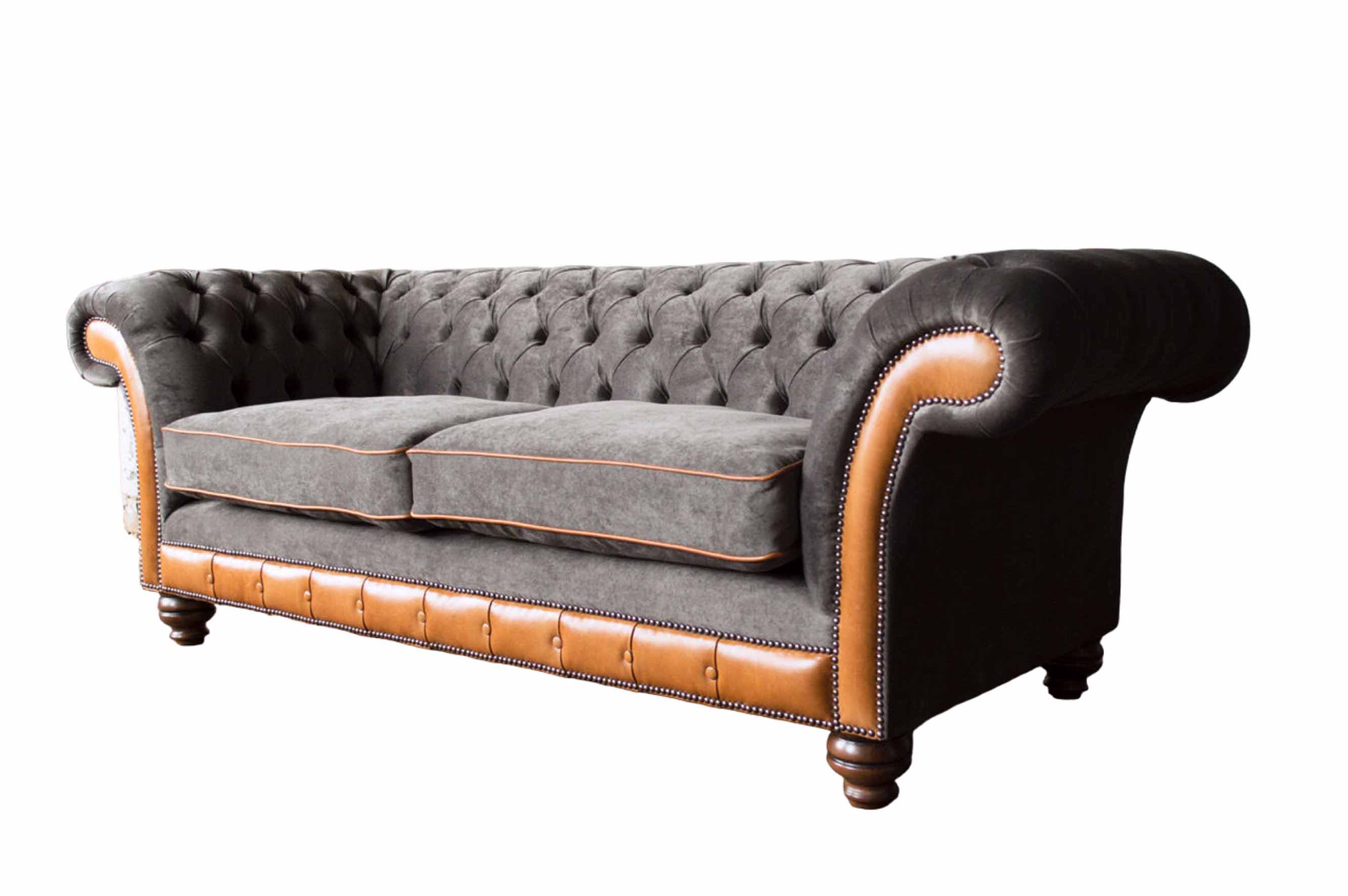 Chesterfield Sofa 3 Sitzer Design Couch Polster Stoff Polster Grau