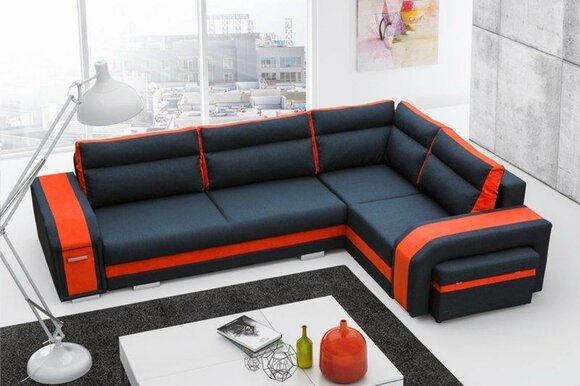 Sofa Schlafsofa Designer Sofa mit Bettfunktion + Bettkasten Schwarz Orange Couch