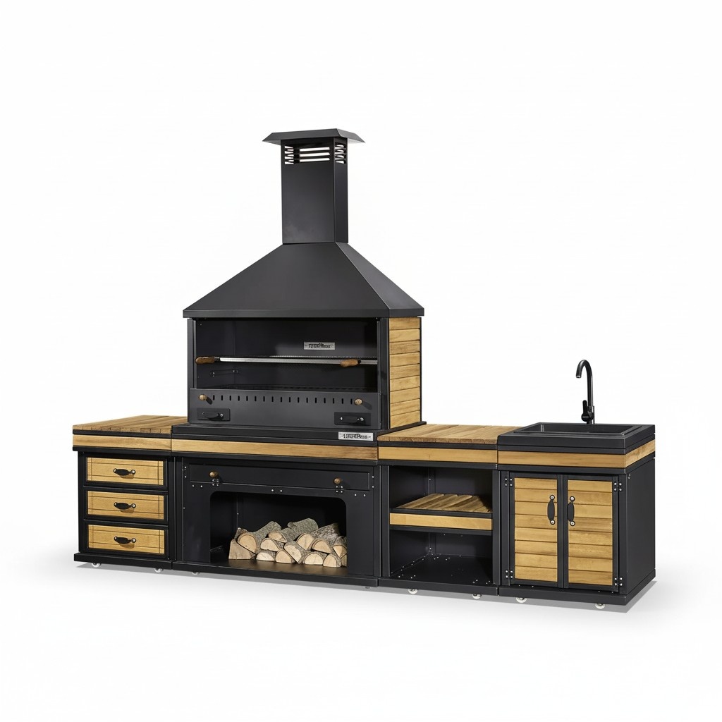 Außenküche in Schwarz und Braun aus Holz und Edelstahl elegant