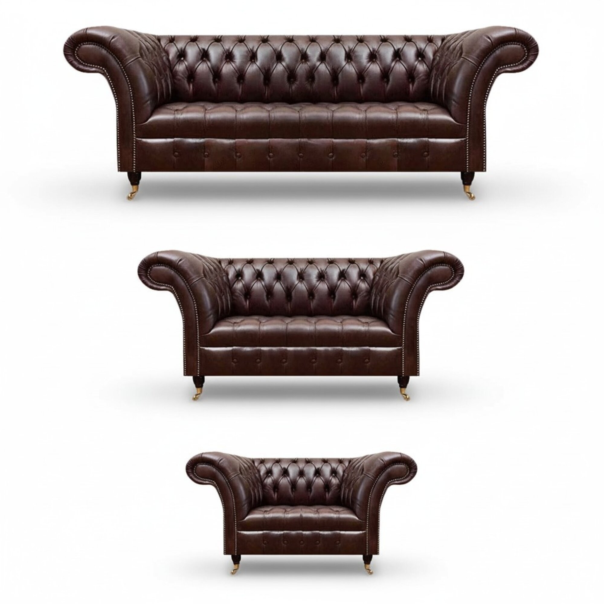 Dunkelbraune Chesterfield Couchgarnitur Ledersofas Designer Sessel 3tlg