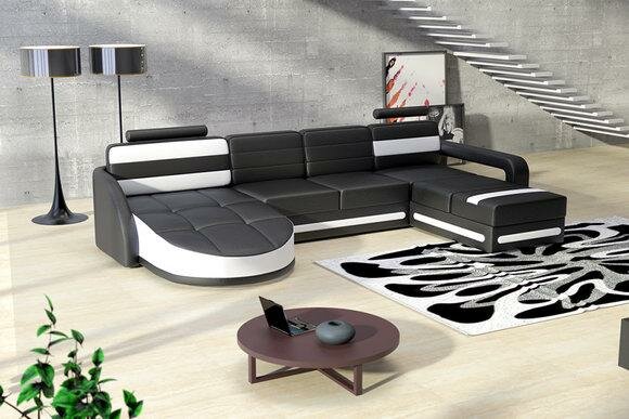 Ledersofa Sofa Colo2 mit 2 Chaiselongues Schwarz Weiß Modern Design