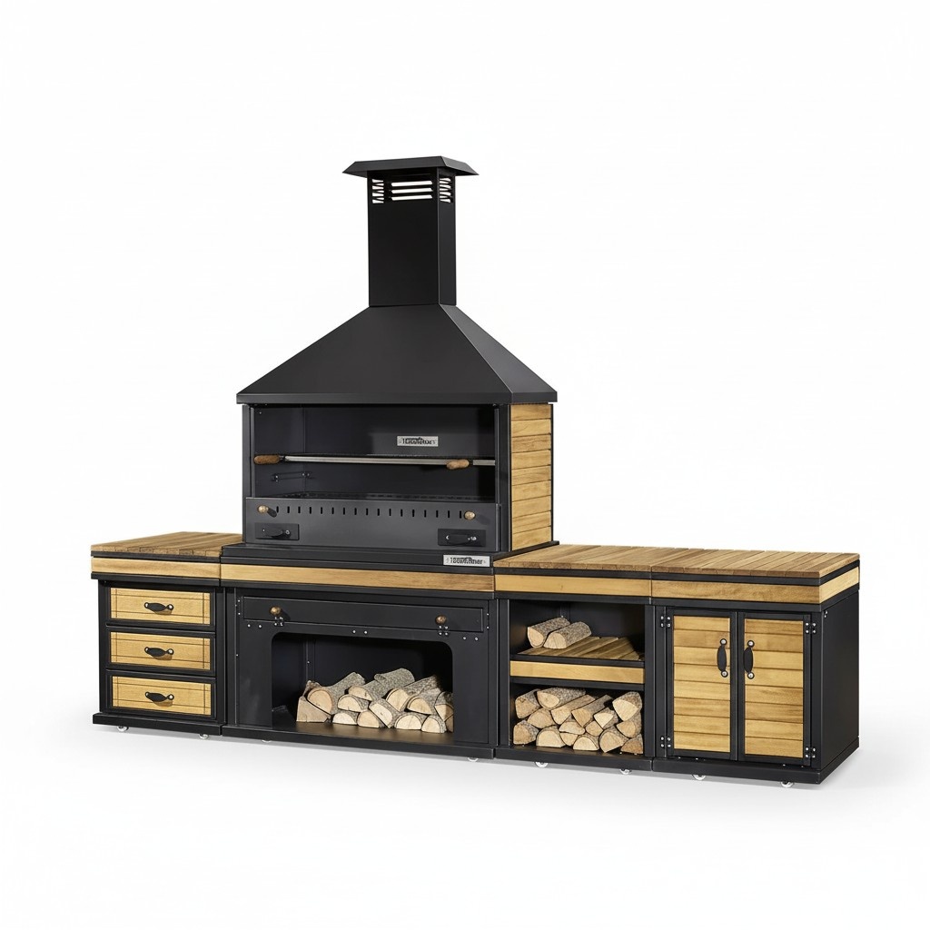 Elegante Außenküche in Schwarz aus Holz und Edelstahl
