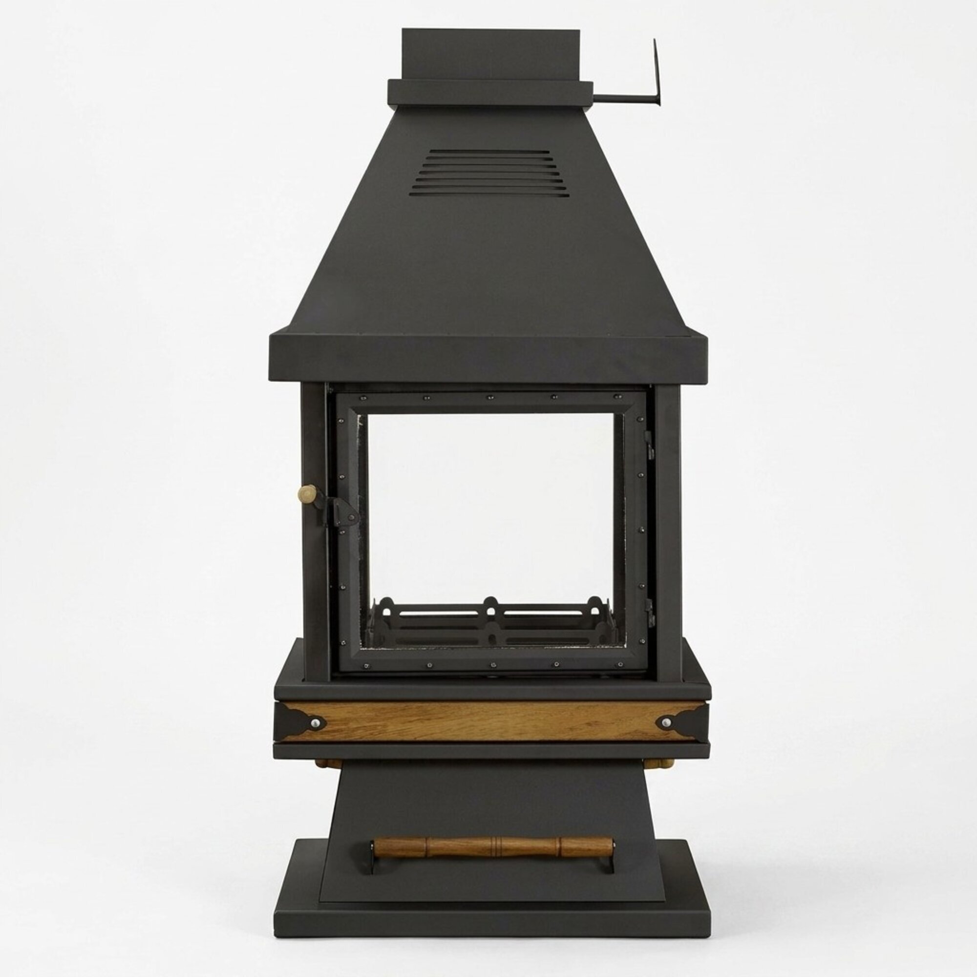 Freistehender Kamin in Schwarz aus Edelstahl Holz und Glas