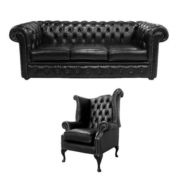 Chesterfield Couch Polster Klassischer Leder Schaffhau 3 Sitzer +Ohrensessel