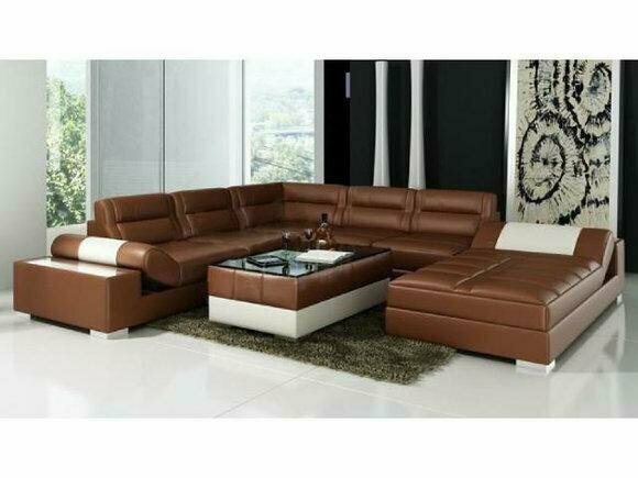 Wohnlandschaft Braun beige Polster Ecke Eck Sofa Couch Garnitur Landschaft Leder