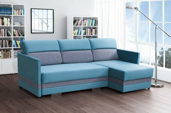 Sofa Schlafsofa Designer Hellblau Sofa mit Bettfunktion + Bettkasten Couch