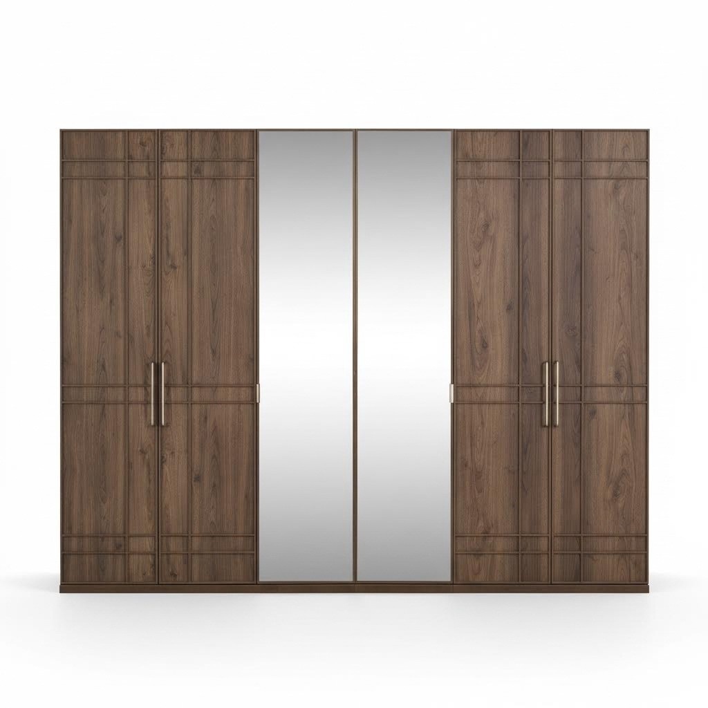 Kleiderschrank Schlafzimmerschrank Schrank Braun Holz Spiegel 6 Türen