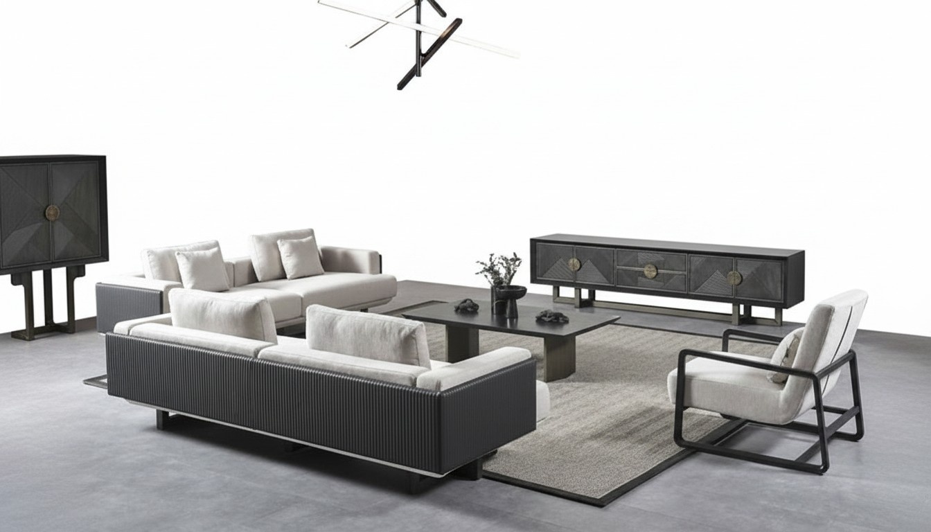 Moderner Wohnzimmermöbelset aus Holz in Braun mit Sofas, Sessel